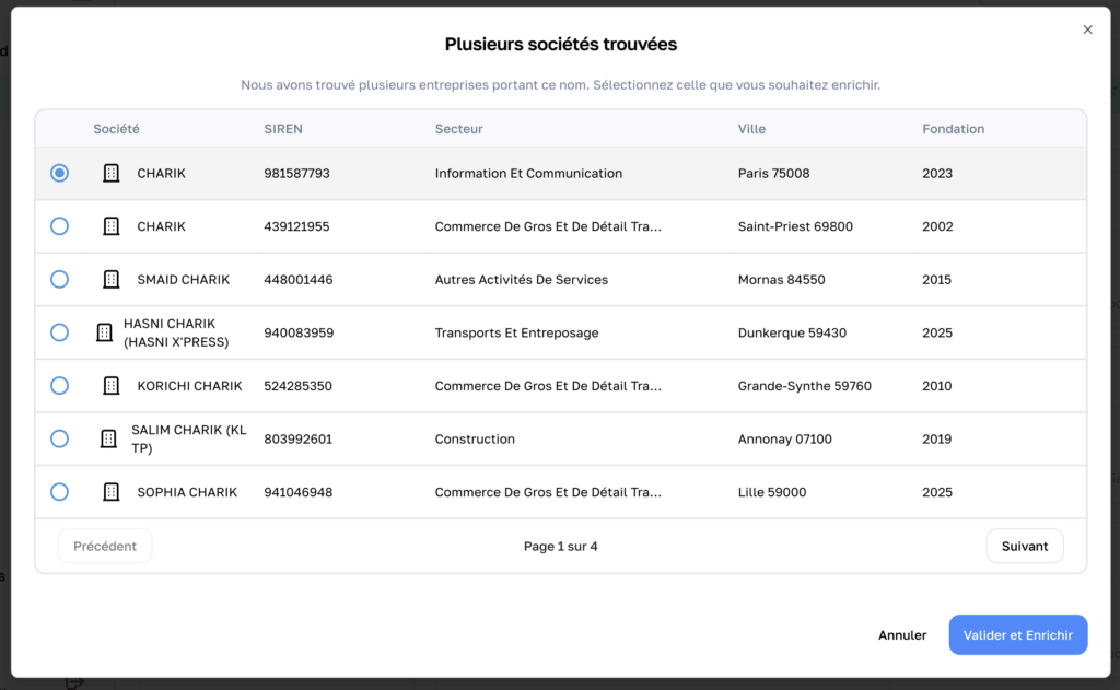 Selection de la société à enrichir avec des données légales
