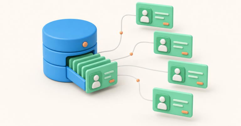 Base de données CRM organisée avec fiches contacts reliées, style Charik