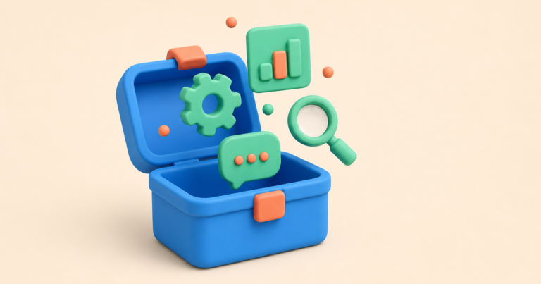 Boîte à outils symbolisant les fonctionnalités d'un CRM, style Charik