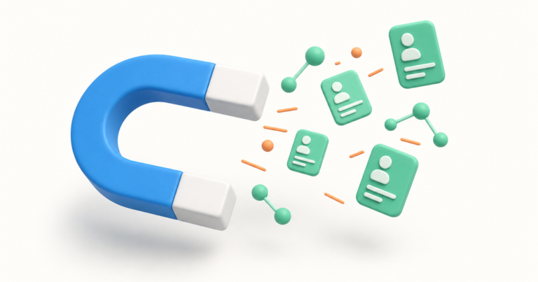 Aimant attirant des connexions ciblées, illustration de la prospection LinkedIn, style Charik