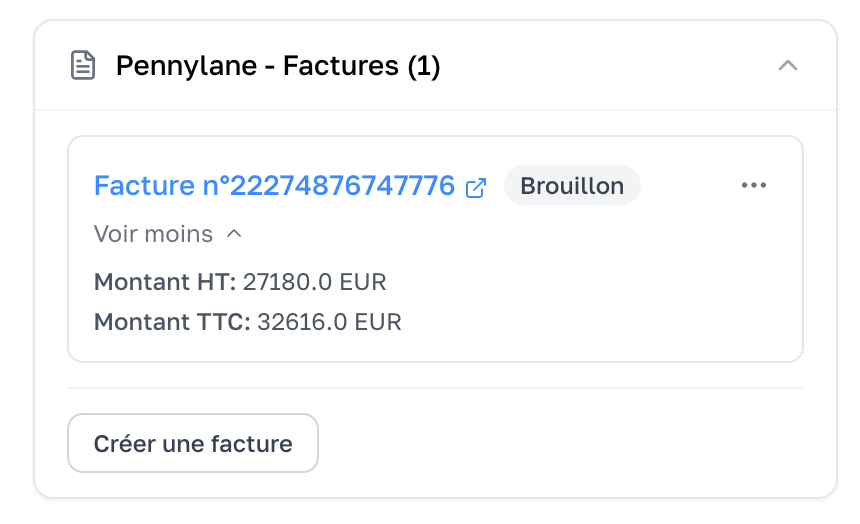 facture Pennylane intégrée dans le deal du CRM Charik