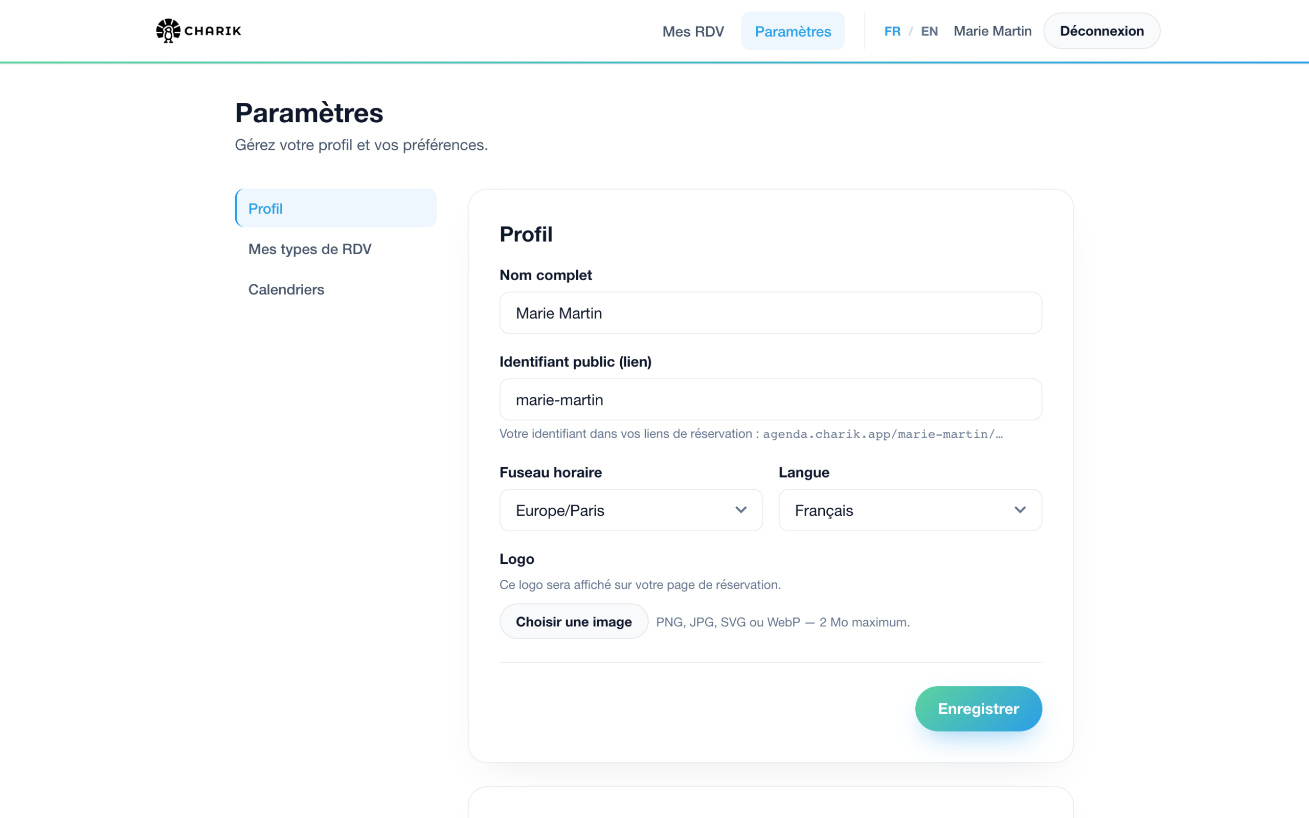 Section Profil des paramètres