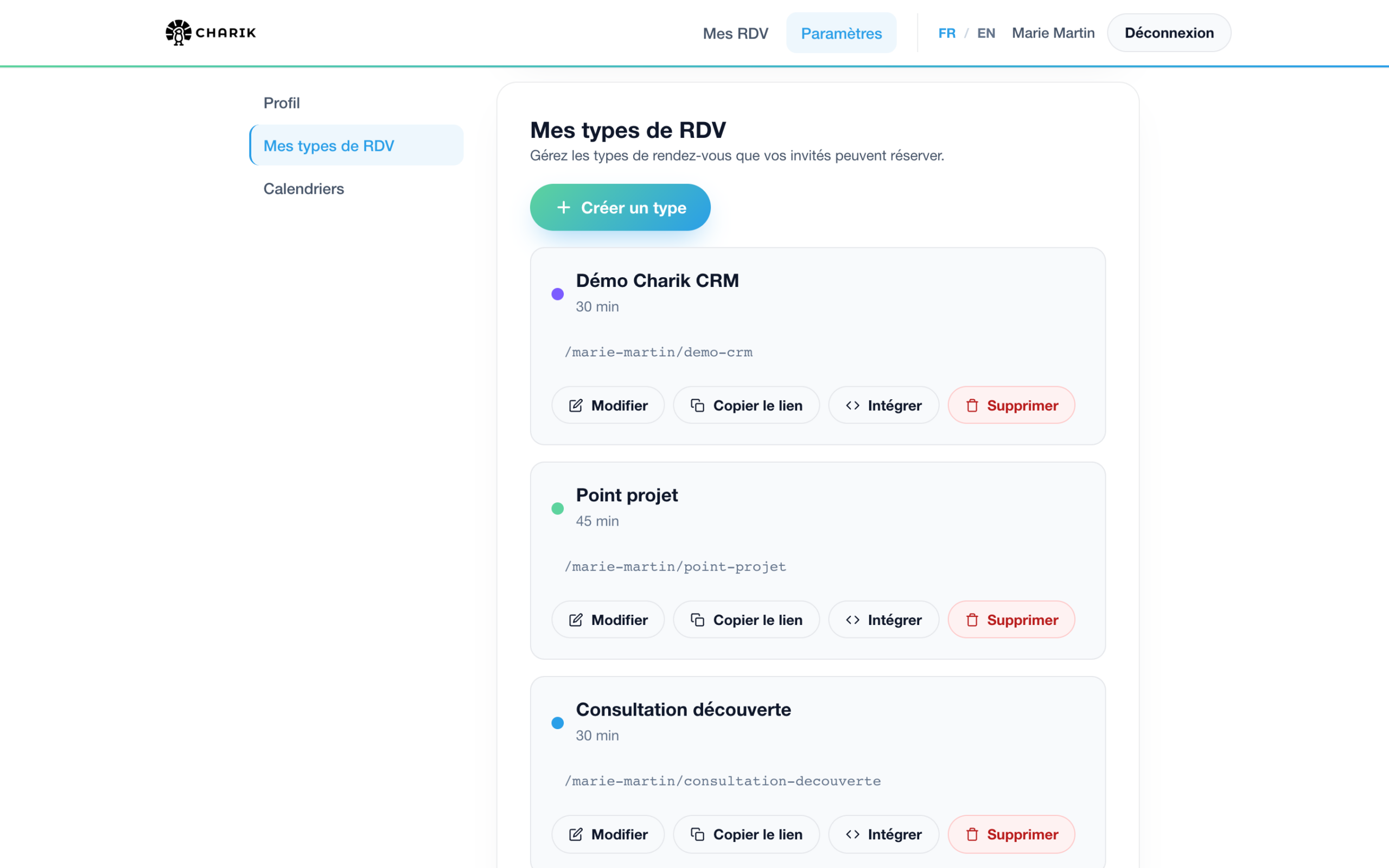 Liste des types de rendez-vous dans les paramètres