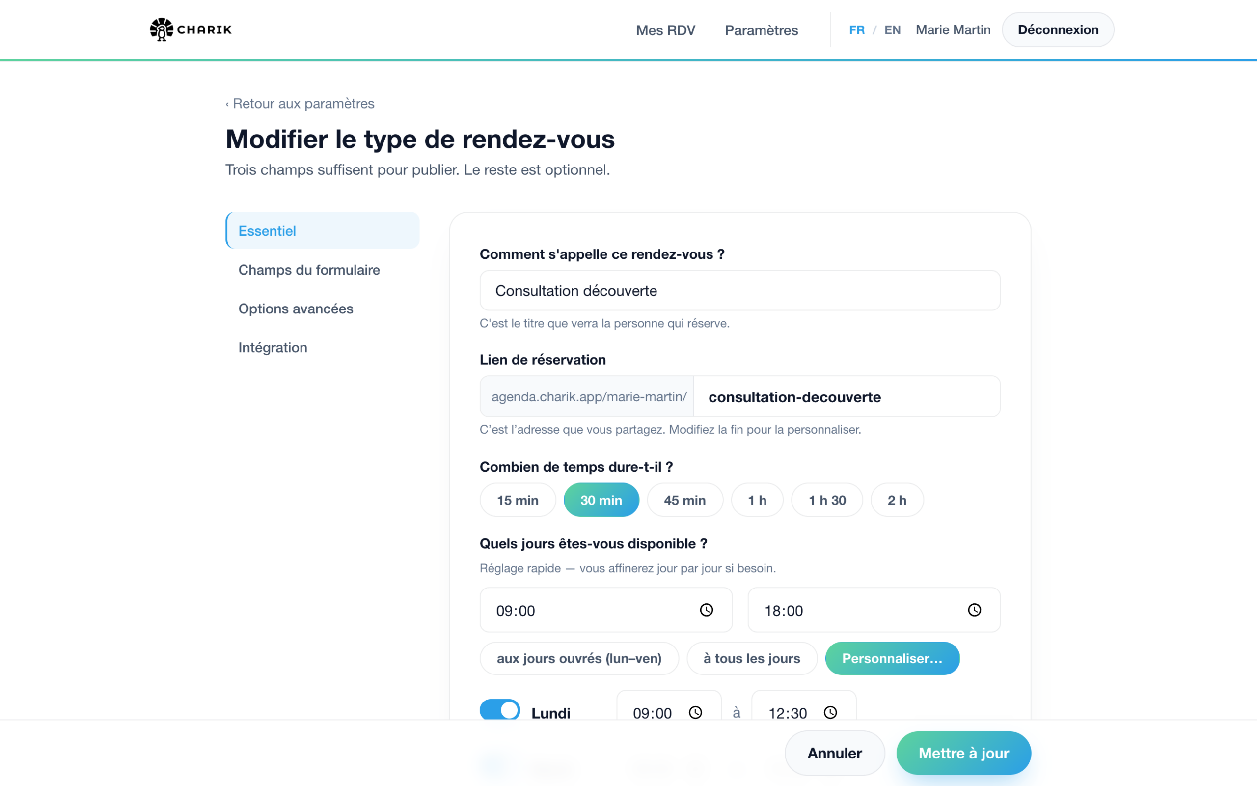Éditeur de type de rendez-vous, section Essentiel