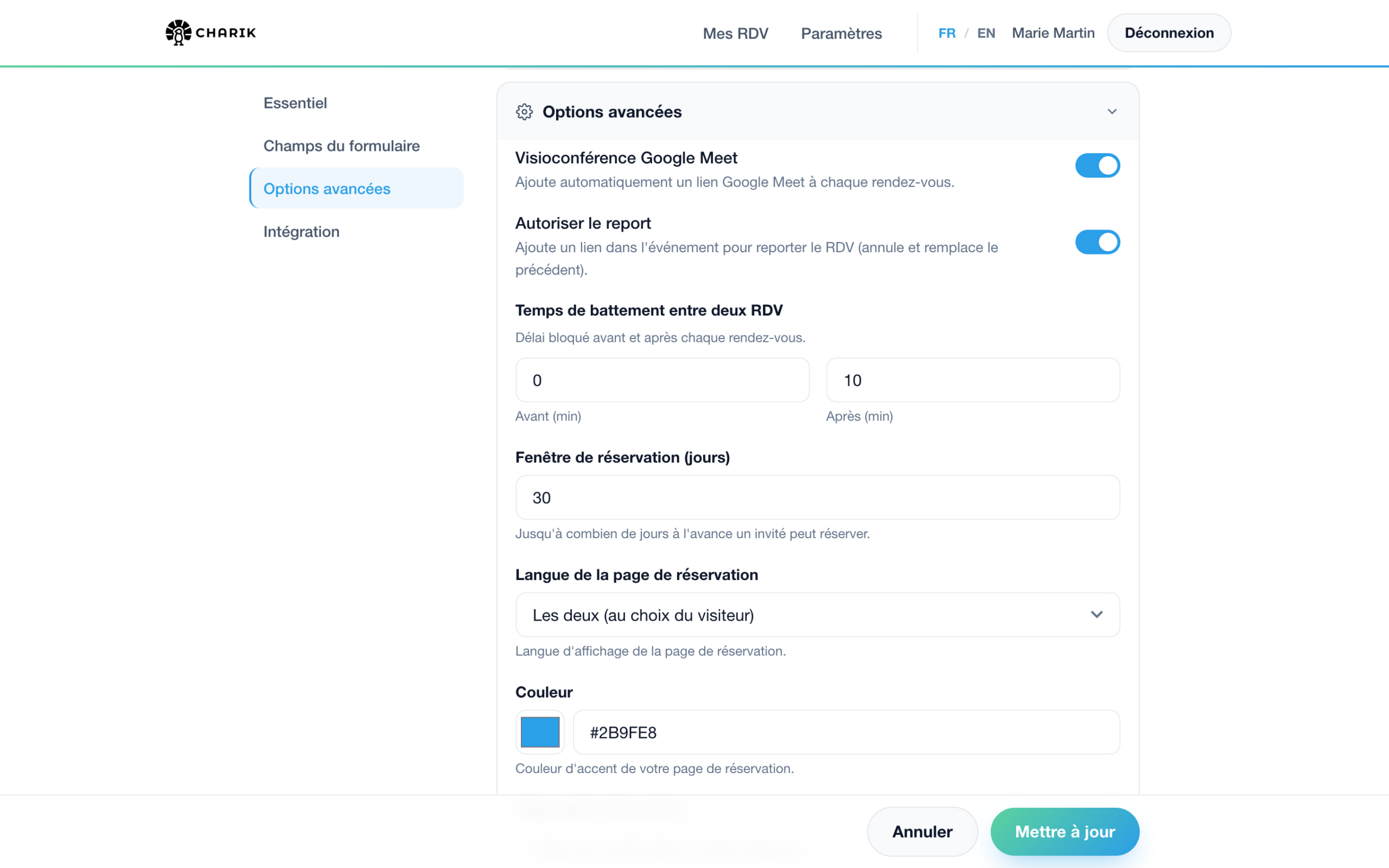 Options avancées d'un type de rendez-vous