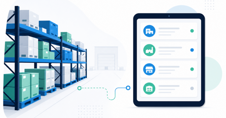 Rayonnage d'entrepôt et fiches comptes clients sur une tablette, illustrant le suivi commercial dans la distribution B2B